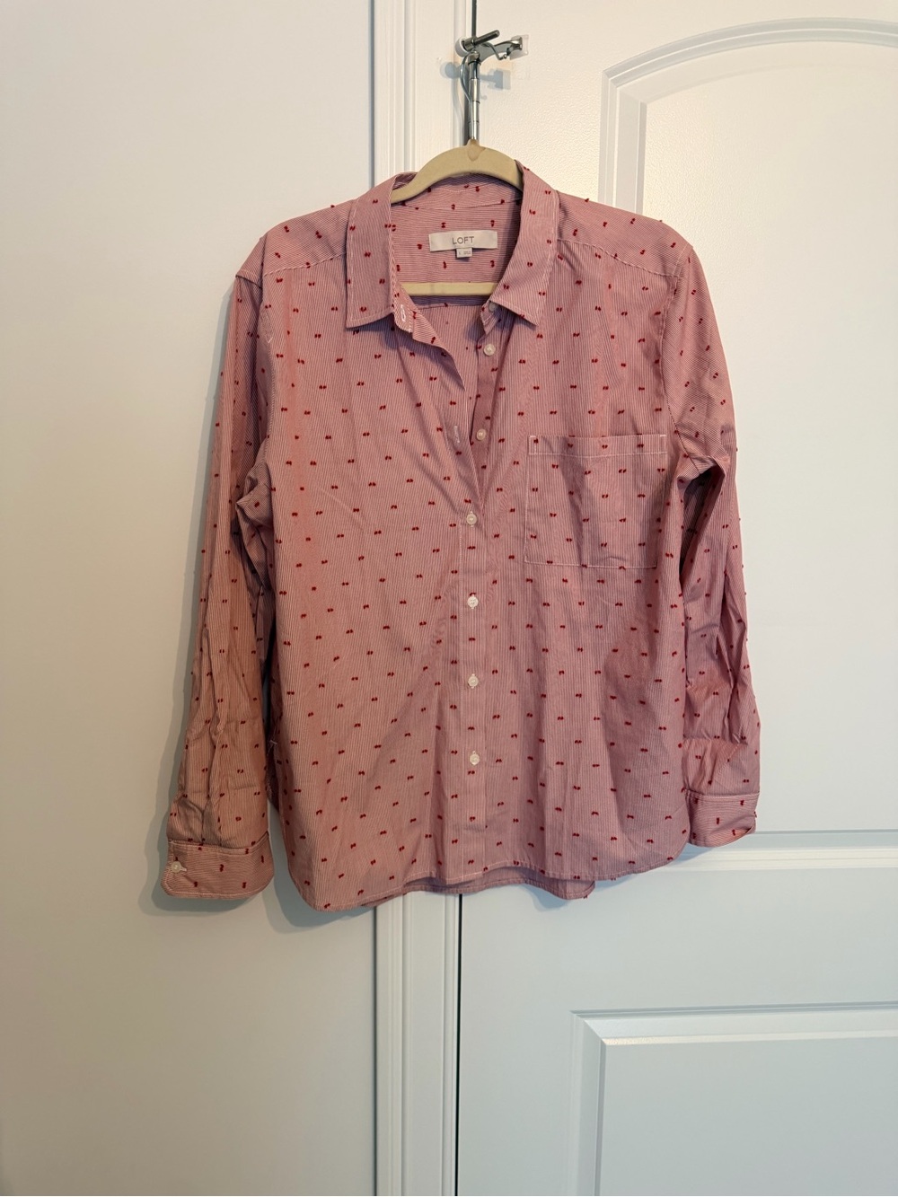 LOFT Pink Long-Sleeve Button-Down Shirt with Red Micro Print